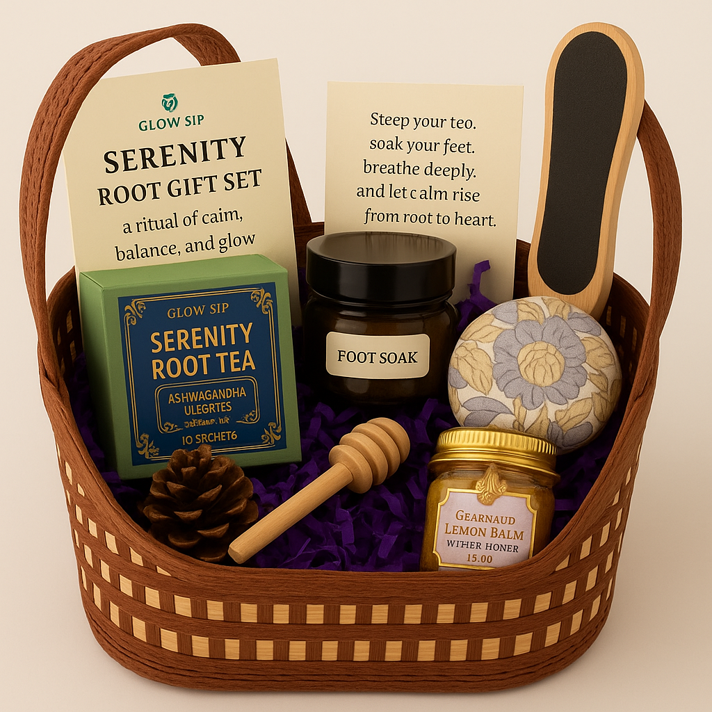 Serenity Root Gift Set Tea & Self-Care Basket | Relaxing Tea Gift Basket | Mindfulness Wellness Set | Calming Herbal Tea Package | Self-Care Gift Basket
