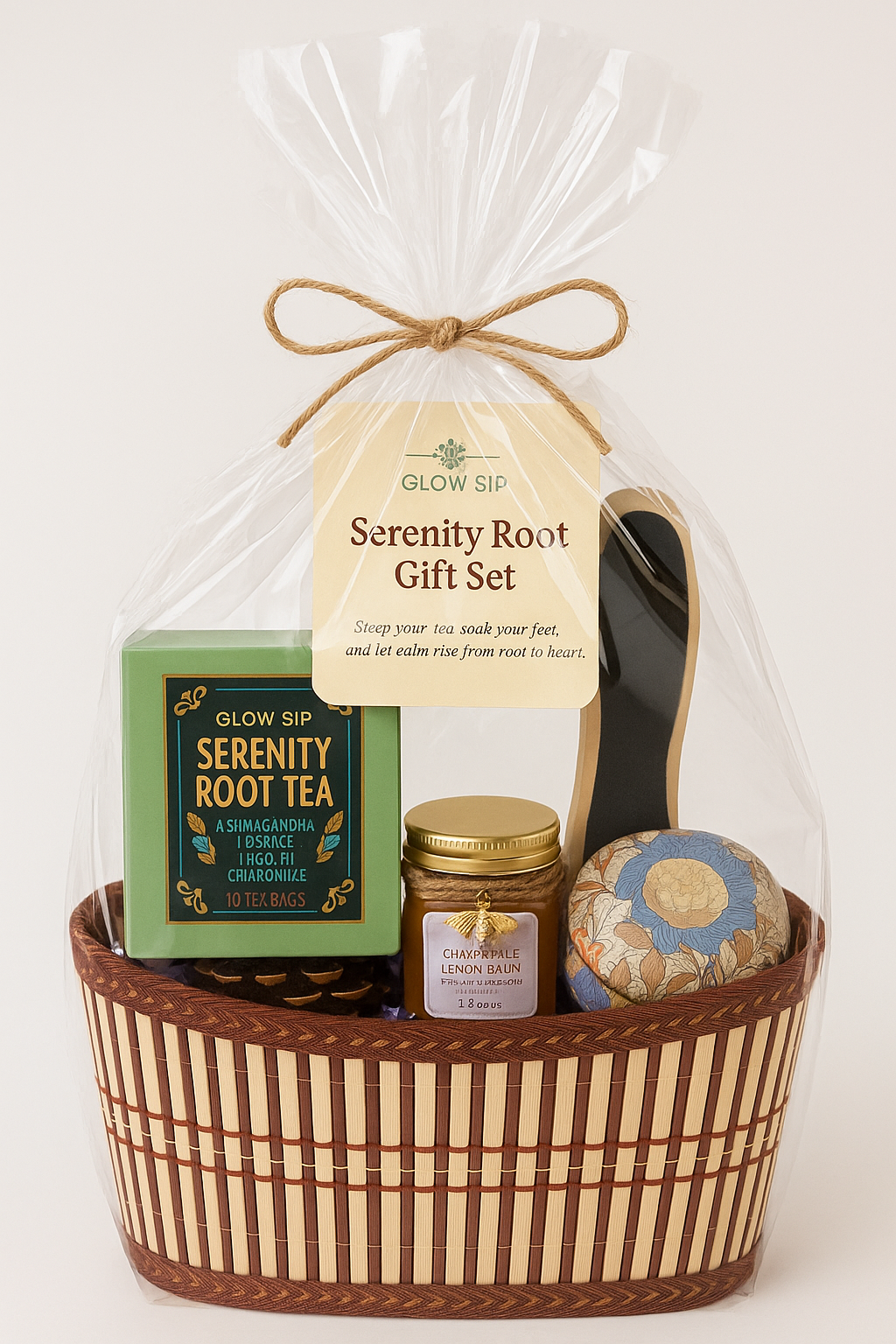 Serenity Root Gift Set Tea & Self-Care Basket | Relaxing Tea Gift Basket | Mindfulness Wellness Set | Calming Herbal Tea Package | Self-Care Gift Basket